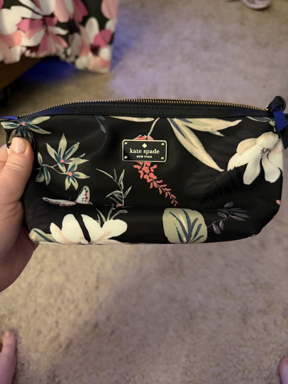 kate spade Black Floral Nylon Cosmetic Pouch with Pink Accents